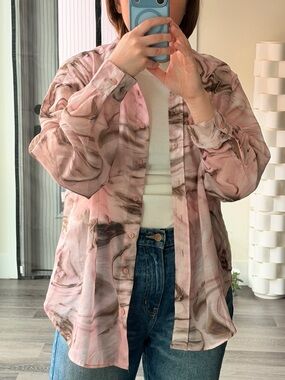 stradivarius Pink Marble-Print Button-Up Shirt Jacket